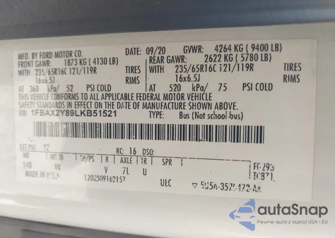 2020 Ford Transit Xl from USA, damaged, VIN 1FBAX2Y89LKB51521